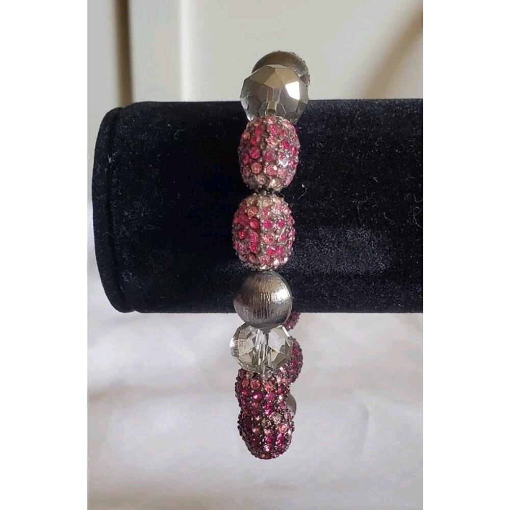 3 Inch Pink Rhinestone Gray Clear Beaded Elastic Bracelet Mother Gift Birthday